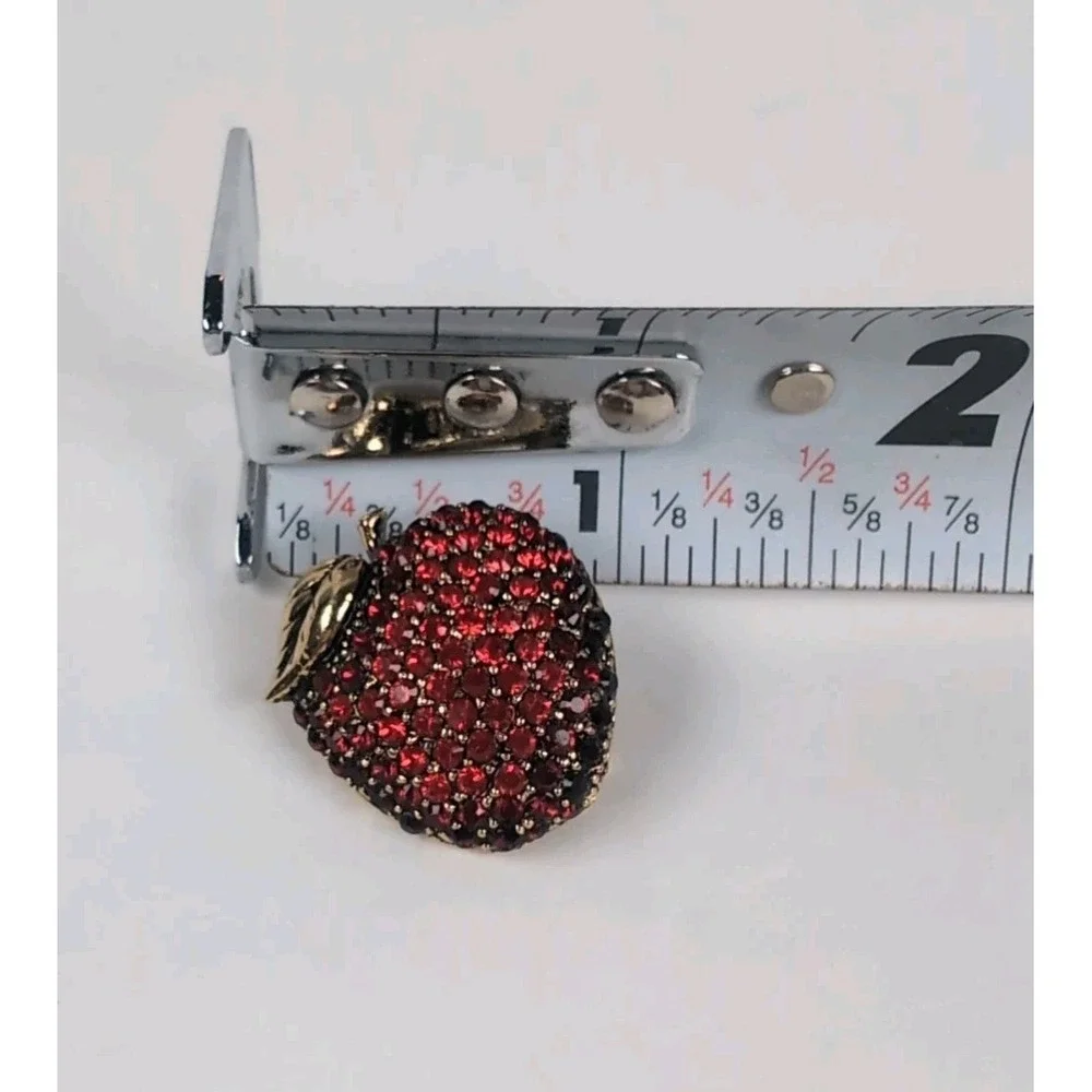 Vintage MONET Goldtone Red Apple Rhinestone Brooch Teacher Gift Pin Collectable